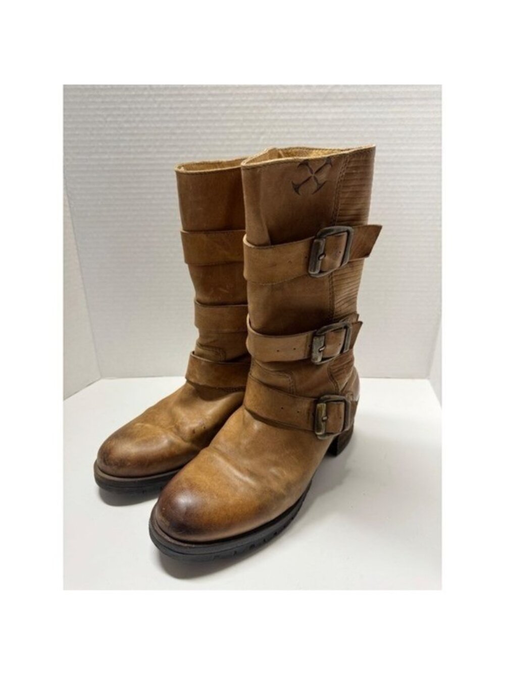 Goldmud Brown Leather Triple Buckle Mid Calf Moto Boots Portugal Size 6.5 37